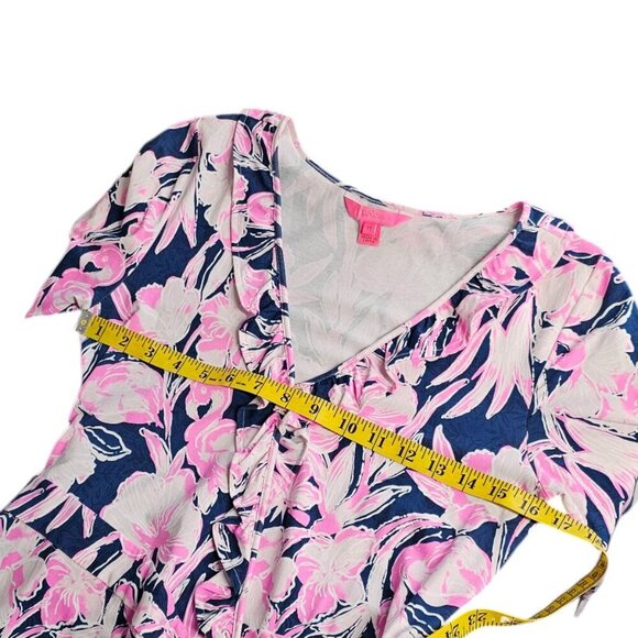 Lilly Pulitzer Jessalynne Romper, Wrap, V-Neck, Floral Flamingo, Stretch, Size M - Picture 4 of 9